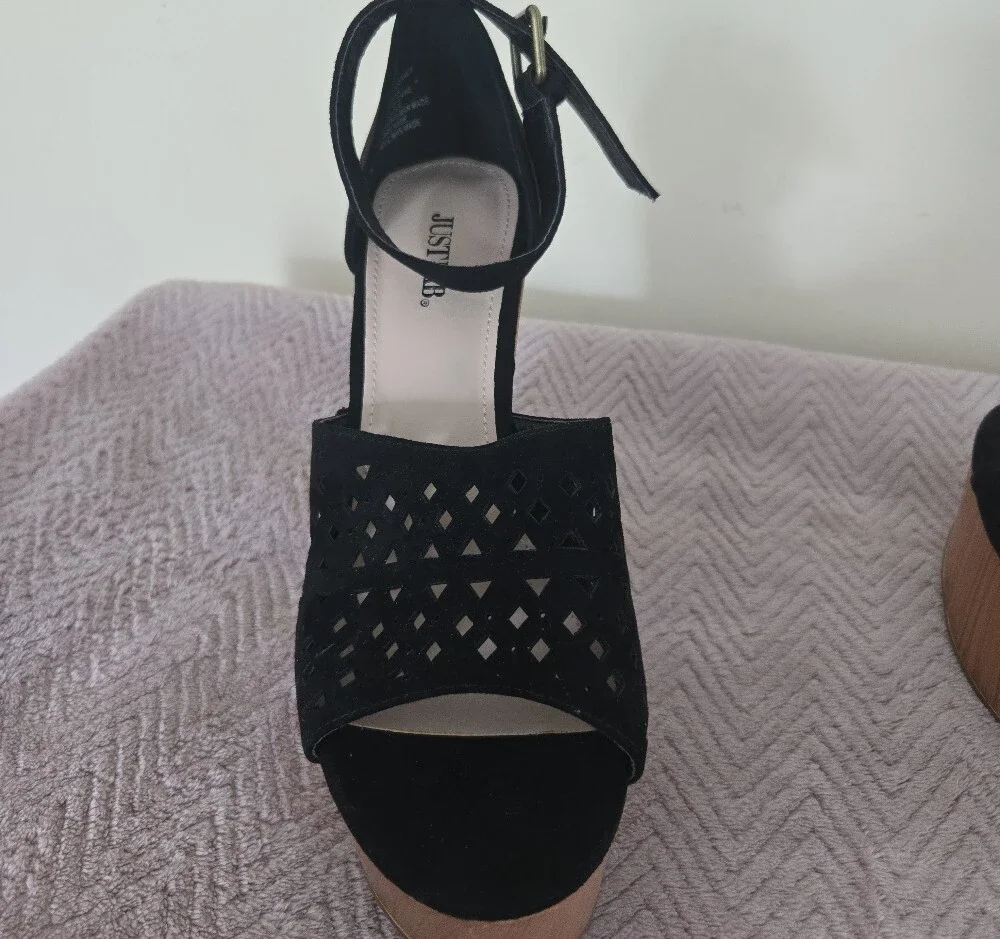 JustFab Black Laser-Cut Suede Platform Sandals with Wood-Effect Heel